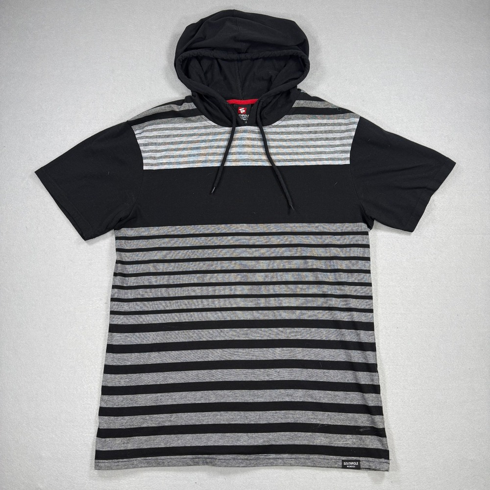 Southpole Hooded T-Shirt Mens Large Black Gray Striped Short Sleeve Streetwear